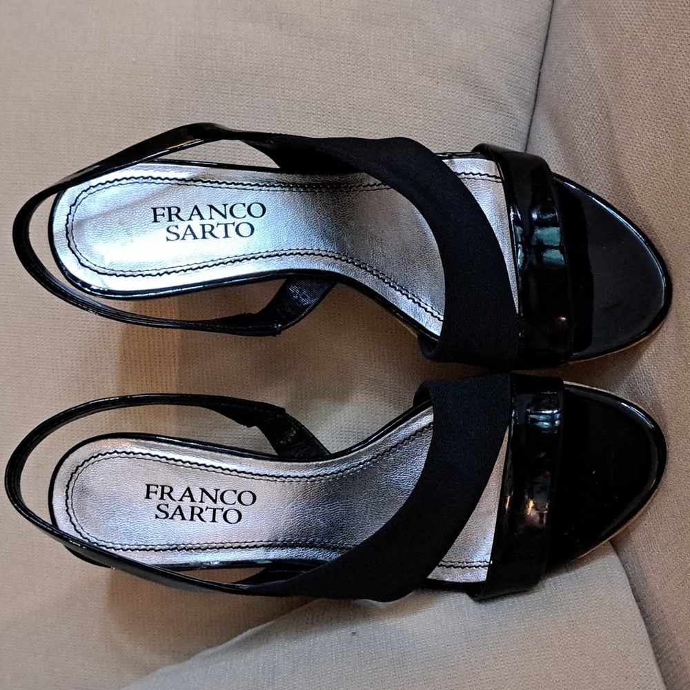 Franco Sarto black 6 m black patent and cork wedge sling backs